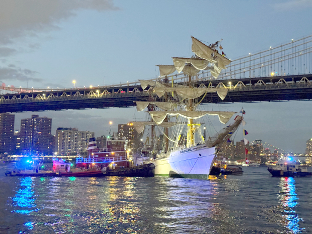 <p>A Mexican navy sailing ship festooned with lights and a giant flag crashed into the landmark Brooklyn Bridge on Saturday night, shearing the top of its masts, killing two people and injuring 17 others, New York City Mayor Eric Adams said.</p>
<p>Videos online showed the training vessel Cuauht&eacute;moc as it approached the iconic bridge over the East River, close to the Manhattan side of the span, which connects the borough with Brooklyn.</p>
<p>Its 147-foot masts were too tall to clear the arched bridge at that point and toppled when the vessel, named after the last Aztec emperor, sailed underneath.</p>
<p>The Mexican navy said on social media that 22 people were injured on board the ship, of which 19 were receiving medical attention in local hospitals, and of those, three were seriously injured.</p>
<p>No rescue operations were needed because none fell into the water, it added.</p>
<p>Early yesterday, Adams said on X that two of the 277 people on board at the time had died and two others remained in critical condition.</p>
<p>Naval cadets dressed in white uniforms could be seen dangling from the ship&rsquo;s crossbeams after the crash.</p>
<p>&ldquo;No one fell into the water; they were all hurt inside the ship,&rdquo; a police official said. The official said mechanical issues had probably caused the crash, without providing further details.</p>